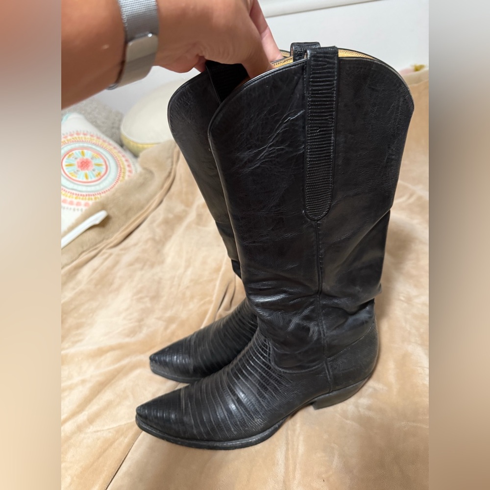 Tres Outlaws Black Leather Lizard Skin Women’s Cowboy Boots 11